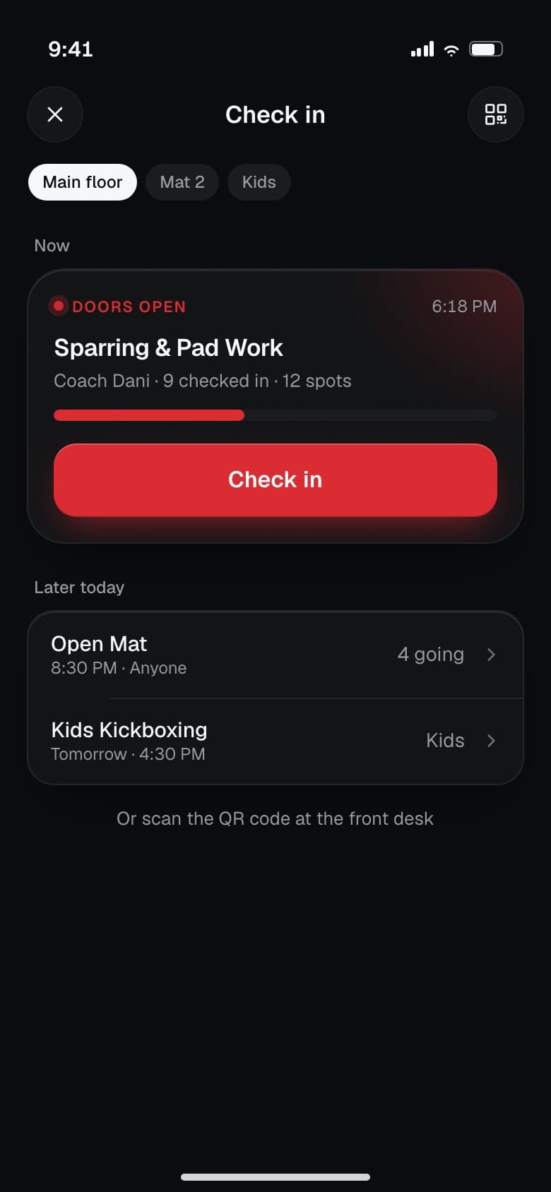 Check in: today's classes at the gym with a one-tap check in