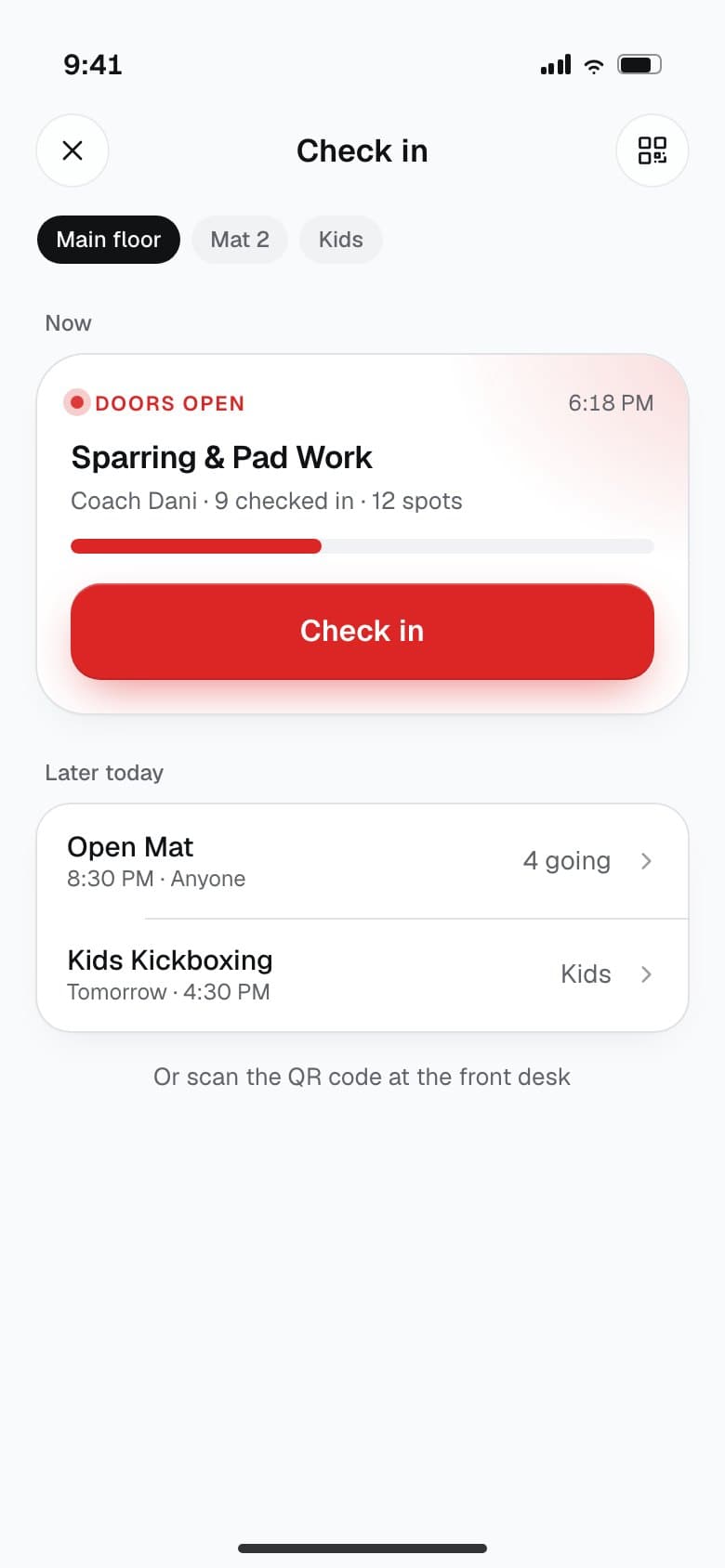 Check in: today's classes at the gym with a one-tap check in