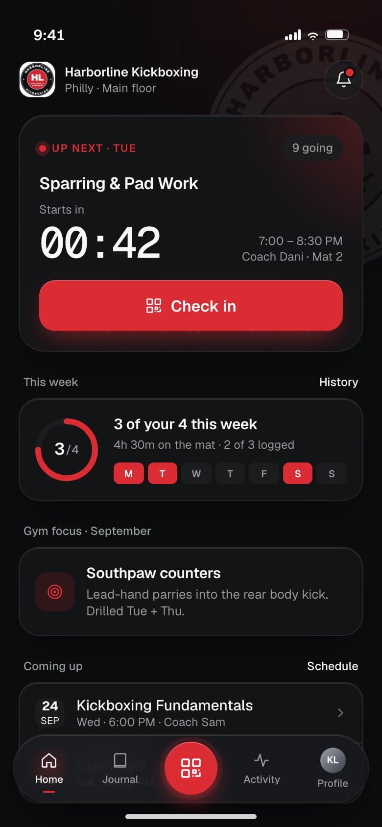 Member home: next class countdown, one-tap check in, this week's training