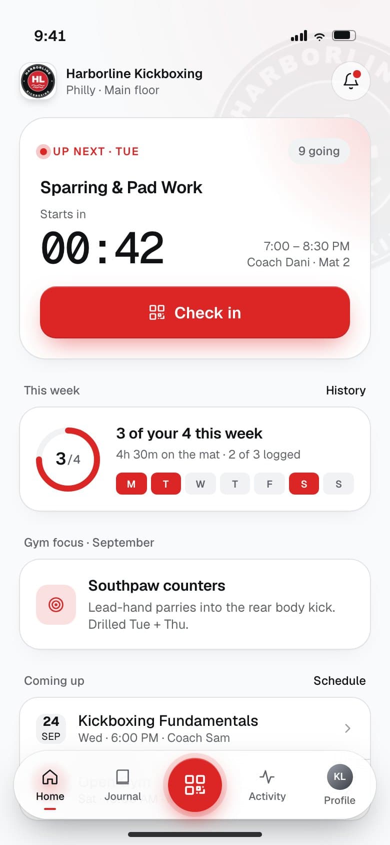 Member home: next class countdown, one-tap check in, this week's training