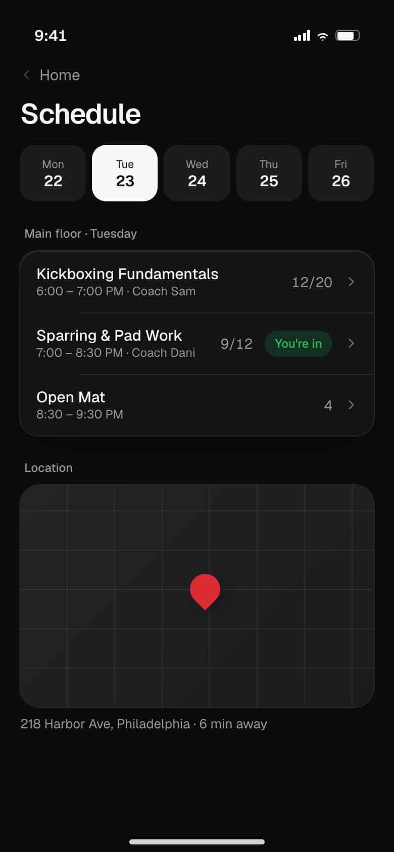 Schedule: the week's classes with coach and spots left