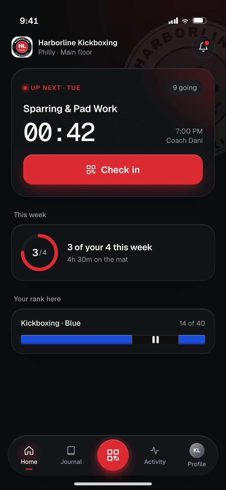Harborline Kickboxing: the app in the gym's red, with its logo