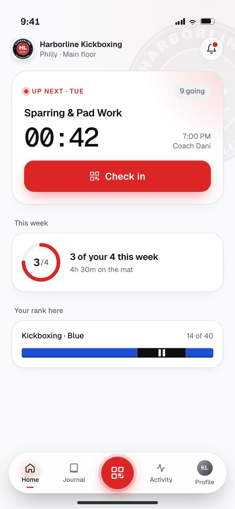 Harborline Kickboxing: the app in the gym's red, with its logo