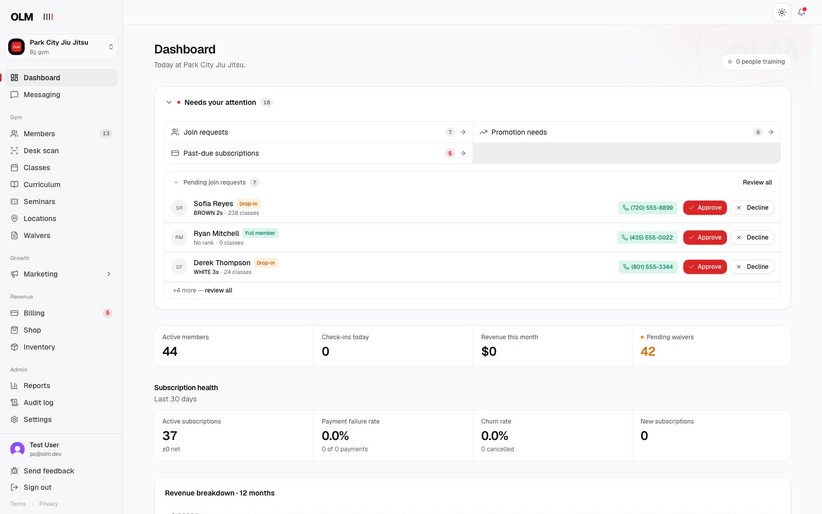 A 30-second tour of the OLM admin app: dashboard, members, classes, billing, reports, and messaging